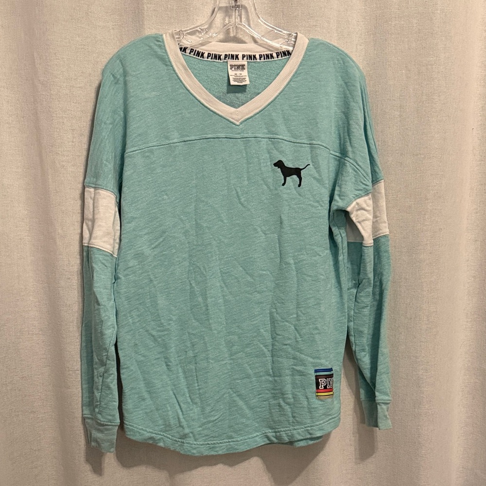 PINK Victoria's Secret Teal & White V‑Neck Long Sleeve Pullover